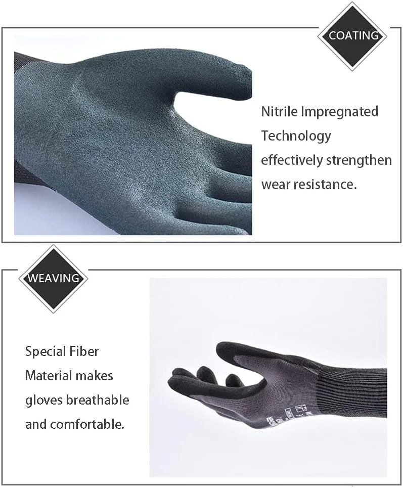 دستکش کار آغشته به نیتریل Azonee، یک جفت، دستکش ایمنی کار، مقاوم در برابر سایش، ضد لغزش، دستکش تنفسی، برای ماهیگیری، برش، باغبانی، نگهداری انبار برای مردان و زنان (خاکستری مشکی XL)