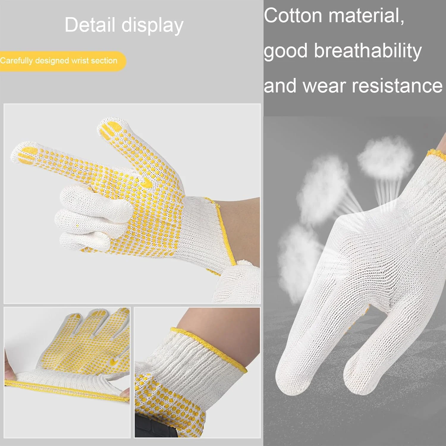 دستکش کار ایمنی YEVTAHT، 12 جفت، با نقاط ضد لغزش - دستکش بافتنی نخی مرطوب عمده برای گاراژ، انبار، ساخت و ساز (زرد)