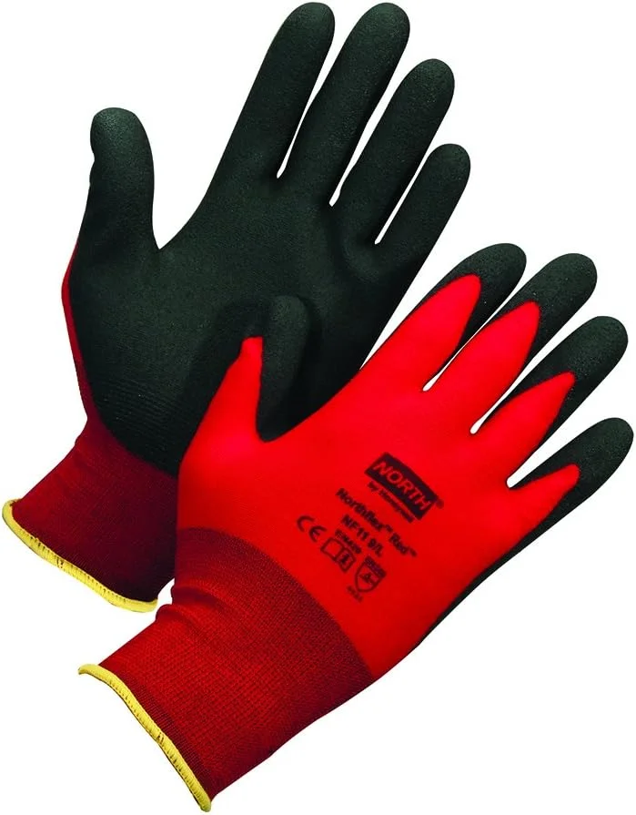 دستکش ایمنی هانیول نورث فلکس با آستر نایلونی بدون درز قرمز و روکش PVC مشکی