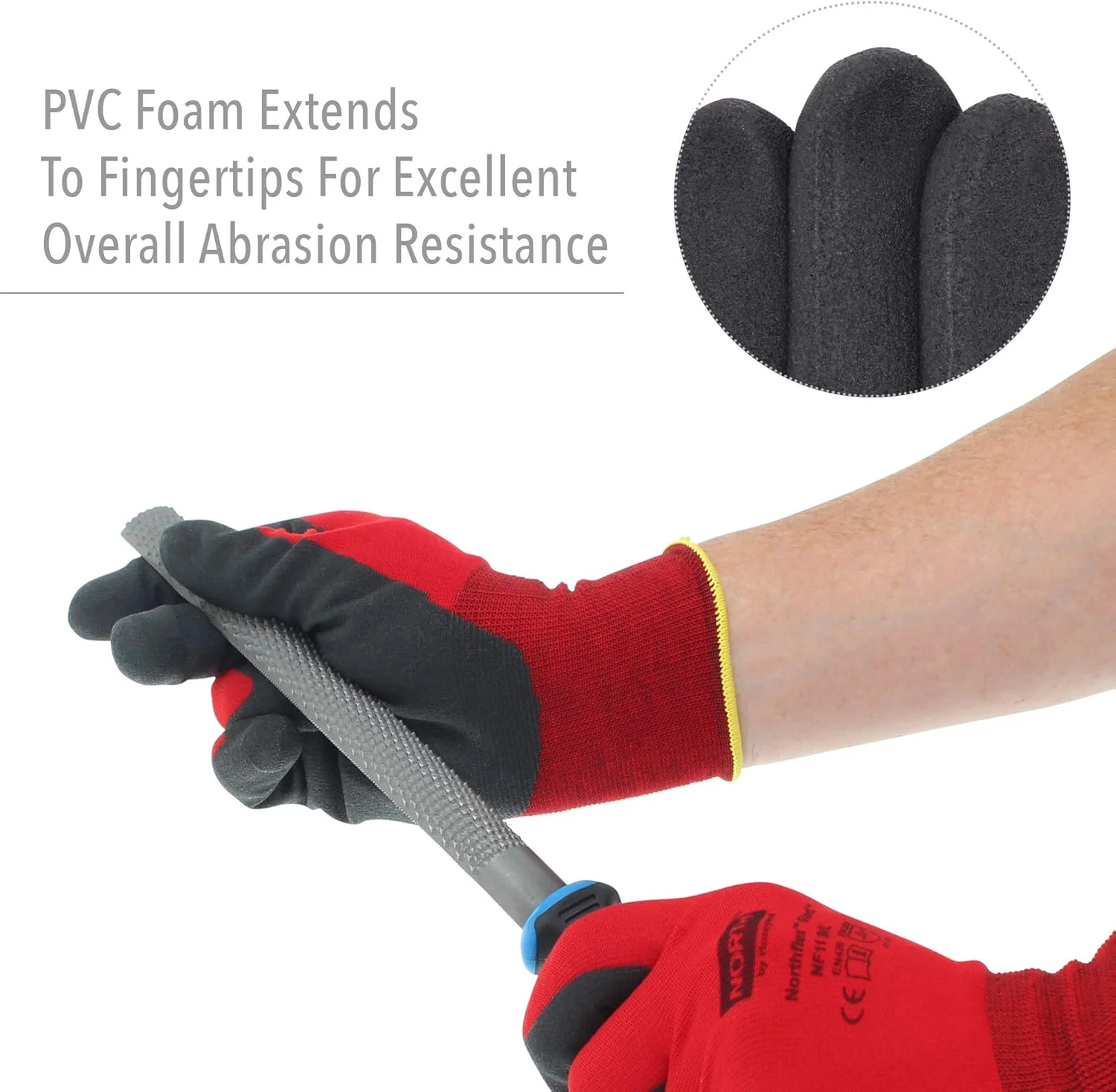 دستکش ایمنی هانیول نورث فلکس با آستر نایلونی بدون درز قرمز و روکش PVC مشکی