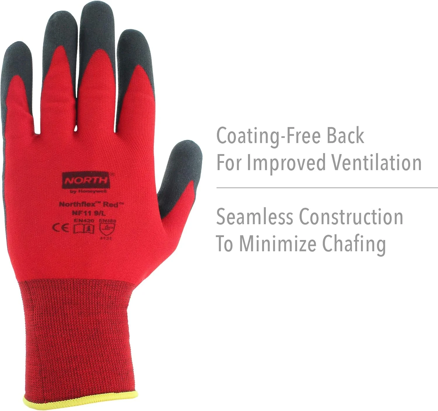 دستکش ایمنی هانیول نورث فلکس با آستر نایلونی بدون درز قرمز و روکش PVC مشکی
