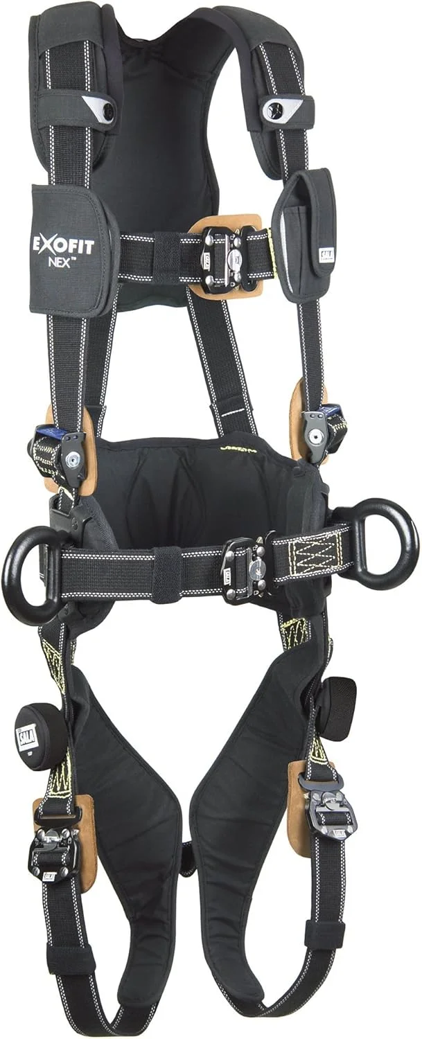 هارنس تمام بدن ضد حریق 3M DBI-SALA ExoFit NEX 1113317 Nomex/Kevlar، حلقه های D آلومینیومی با روکش PVC در پشت/پهلو، کمربند با پد، پد راحتی، تسمه های پا با اتصال سریع قفل شونده، سایز بزرگ، مشکی