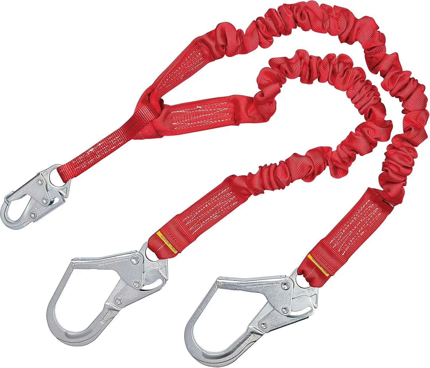 طناب ایمنی جذب شوک الاستیک 3M Protecta PRO 1340161، طول 6 فوت (1.8 متر)، ساخته شده از 100 درصد مواد الاستیک، دارای قلاب کارابین در مرکز، قلاب فولادی در انتهای پاها، ظرفیت 310 پوند (140 کیلوگرم)، رنگ قرمز