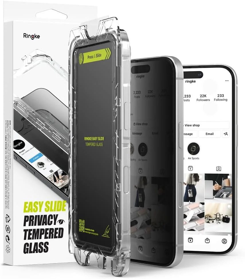 محافظ صفحه نمایش شیشه ای حریم خصوصی Ringke [Easy Slide] [ضد جاسوسی] سازگار با آیفون 16 پرو، محافظ صفحه نمایش حریم خصوصی نصب آسان و سازگار با قاب - بسته 2 عددی، به همراه ابزار نصب W