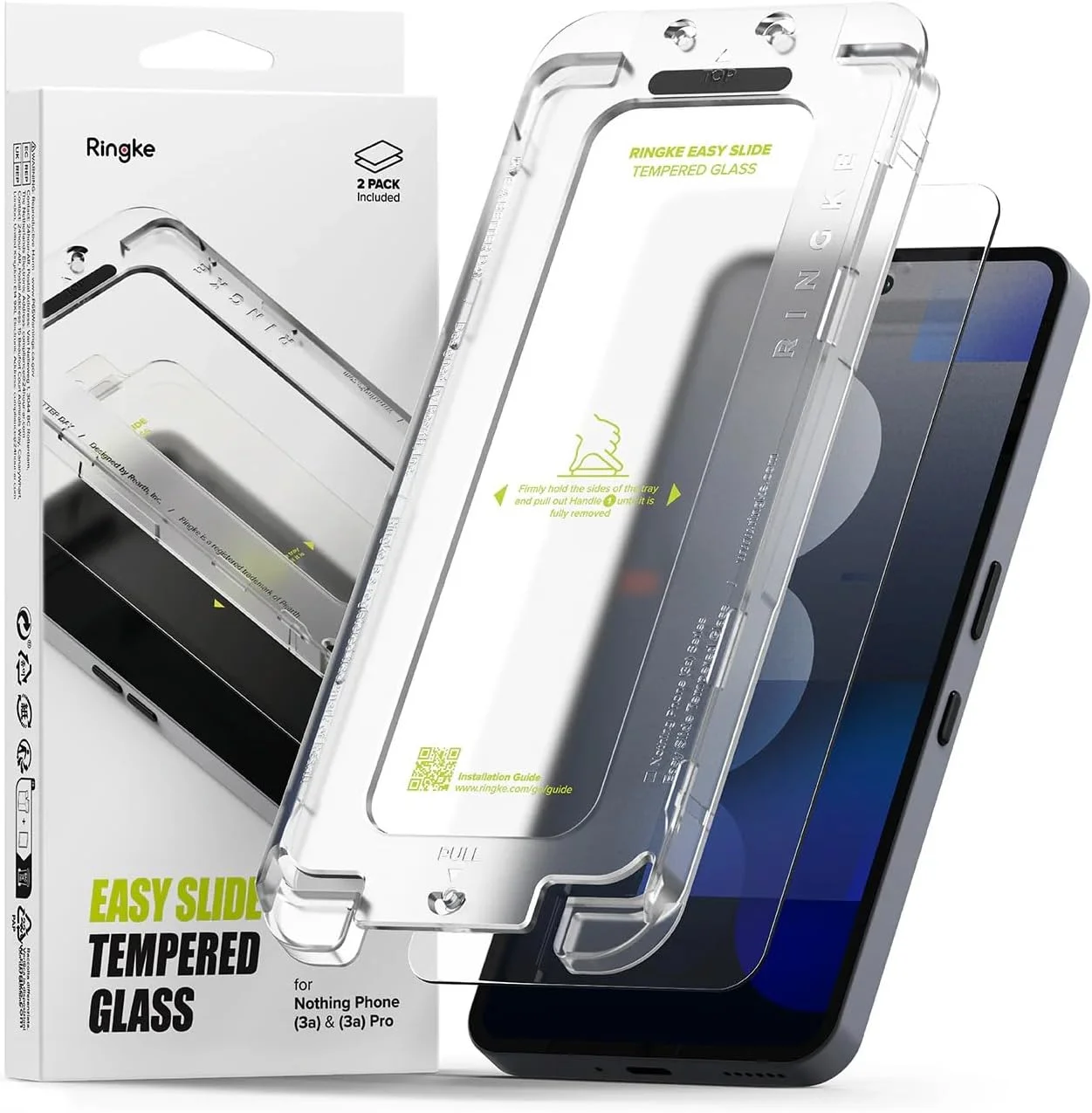 محافظ صفحه نمایش شیشه ای حرارت دیده رینکه [Easy Slide] سازگار با ناتینگ فون (3a) / (3a) Pro، مقاوم در برابر شکستگی، سختی 9H، ضد خش - بسته 2 عددی، به همراه ابزار نصب