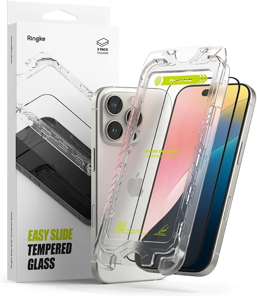 محافظ صفحه نمایش شیشه ای حرارت دیده رینکه [Easy Slide] سازگار با آیفون 16 پرو مکس، مقاوم در برابر شکستگی، سختی 9H، ضد خش، نصب آسان - بسته 2 عددی، همراه با ابزار نصب