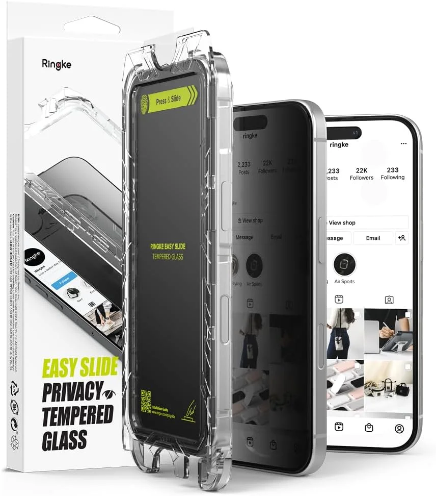 محافظ صفحه نمایش حریم خصوصی شیشه ای حرارت دیده Ringke [Easy Slide] [ضد جاسوسی] سازگار با آیفون 16 / آیفون 15، محافظ صفحه نمایش حریم خصوصی با نصب آسان و سازگار با قاب - بسته 2 عددی، به همراه ابزار نصب