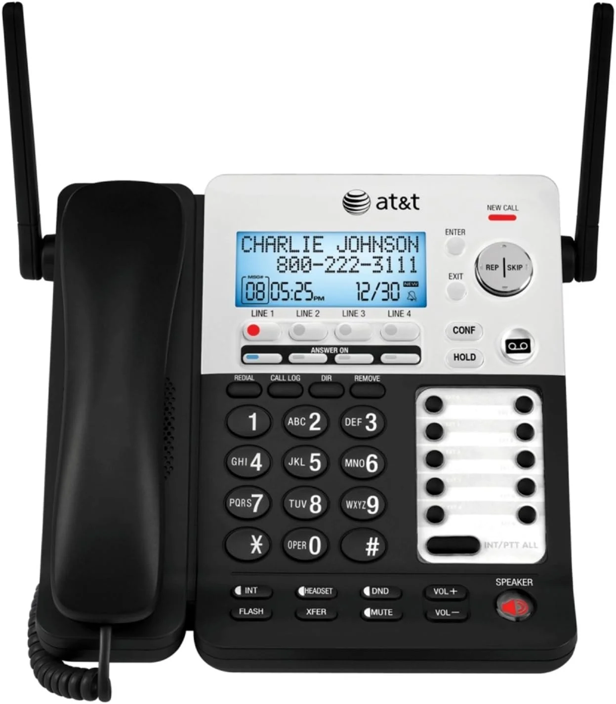 تلفن سانترال بی سیم/باسیم 4 خطه AT&T SynJ SB67158 DECT 6.0 مناسب کسب و کارهای کوچک به همراه سیستم پاسخگویی، مشکی/نقره ای تلفن سانترال بی سیم/باسیم 4 خطه AT&T SynJ SB67158 DECT 6.0 مناسب کسب و کارهای کوچک به همراه سیستم پاسخگویی، مشکی/نقره ای