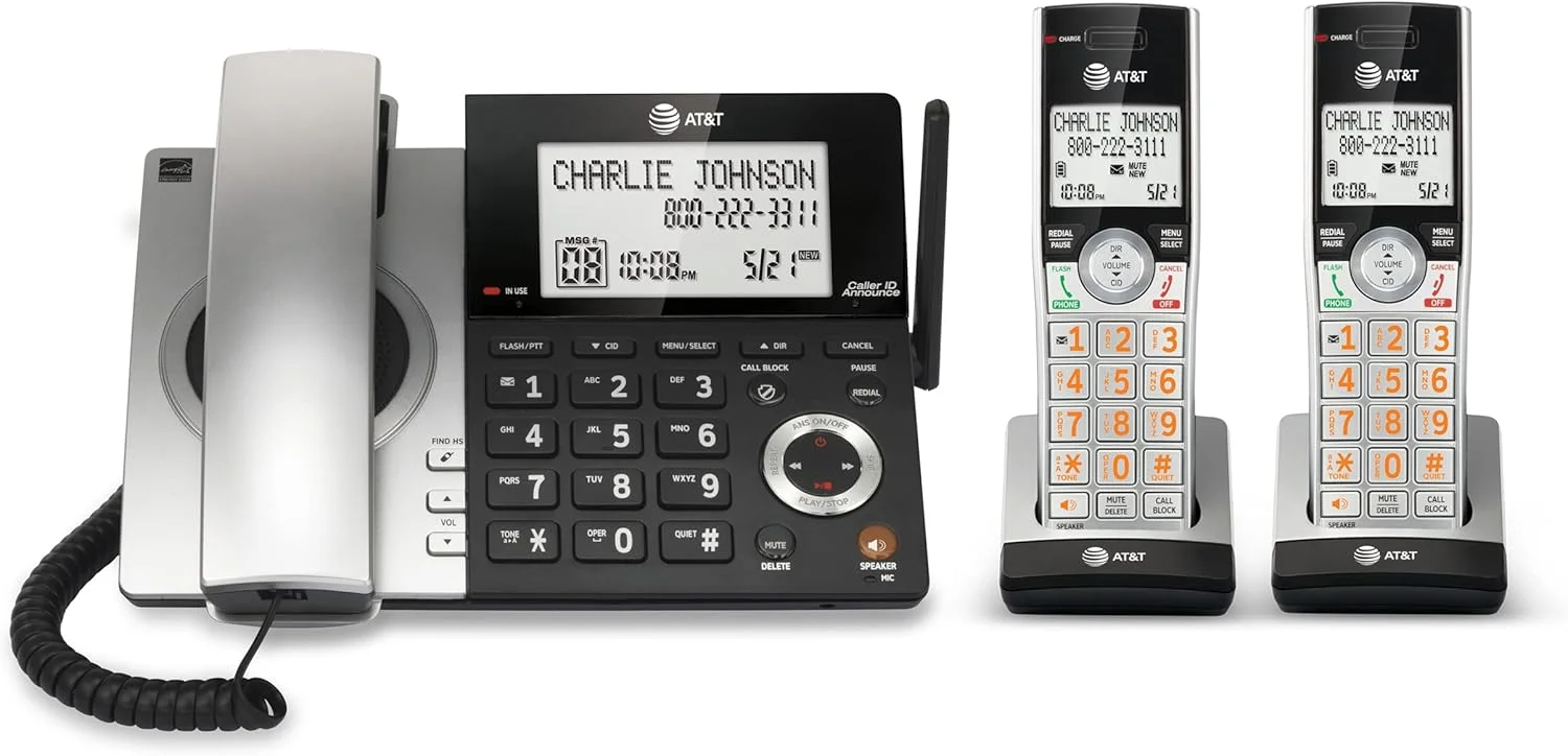 تلفن رومیزی/بی سیم دو گوشی AT&T CL84207 DECT 6.0 برای منزل با برد طولانی، منشی تلفنی، مسدود کردن تماس، اعلام شناسه تماس گیرنده، اینترکام و حالت تغذیه از خط، نقره ای/مشکی تلفن رومیزی/بی سیم دو گوشی AT&T CL84207 DECT 6.0 برای منزل با برد طولانی، منشی تلفنی، مسدود کردن تماس، اعلام شناسه تماس گیرنده، اینترکام و حالت تغذیه از خط، نقره ای/مشکی