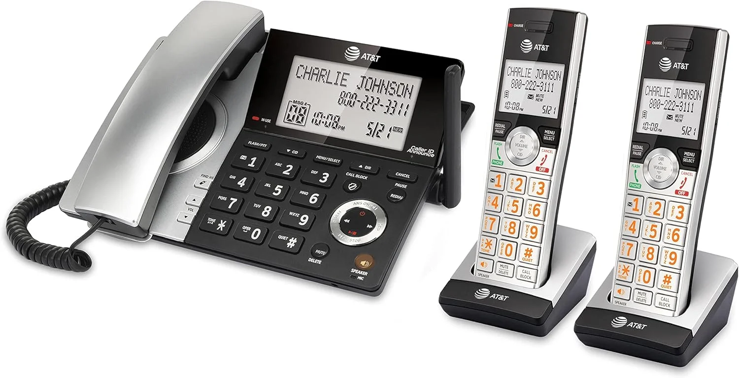 تلفن رومیزی/بی سیم دو گوشی AT&T CL84207 DECT 6.0 برای منزل با برد طولانی، منشی تلفنی، مسدود کردن تماس، اعلام شناسه تماس گیرنده، اینترکام و حالت تغذیه از خط، نقره ای/مشکی تلفن رومیزی/بی سیم دو گوشی AT&T CL84207 DECT 6.0 برای منزل با برد طولانی، منشی تلفنی، مسدود کردن تماس، اعلام شناسه تماس گیرنده، اینترکام و حالت تغذیه از خط، نقره ای/مشکی