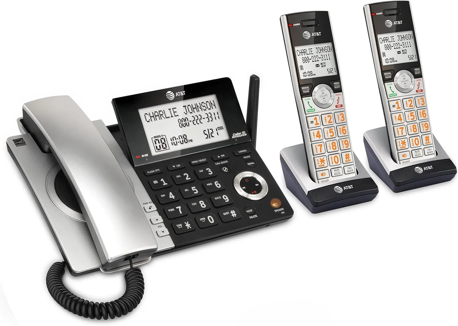 تلفن رومیزی/بی سیم دو گوشی AT&T CL84207 DECT 6.0 برای منزل با برد طولانی، منشی تلفنی، مسدود کردن تماس، اعلام شناسه تماس گیرنده، اینترکام و حالت تغذیه از خط، نقره ای/مشکی تلفن رومیزی/بی سیم دو گوشی AT&T CL84207 DECT 6.0 برای منزل با برد طولانی، منشی تلفنی، مسدود کردن تماس، اعلام شناسه تماس گیرنده، اینترکام و حالت تغذیه از خط، نقره ای/مشکی