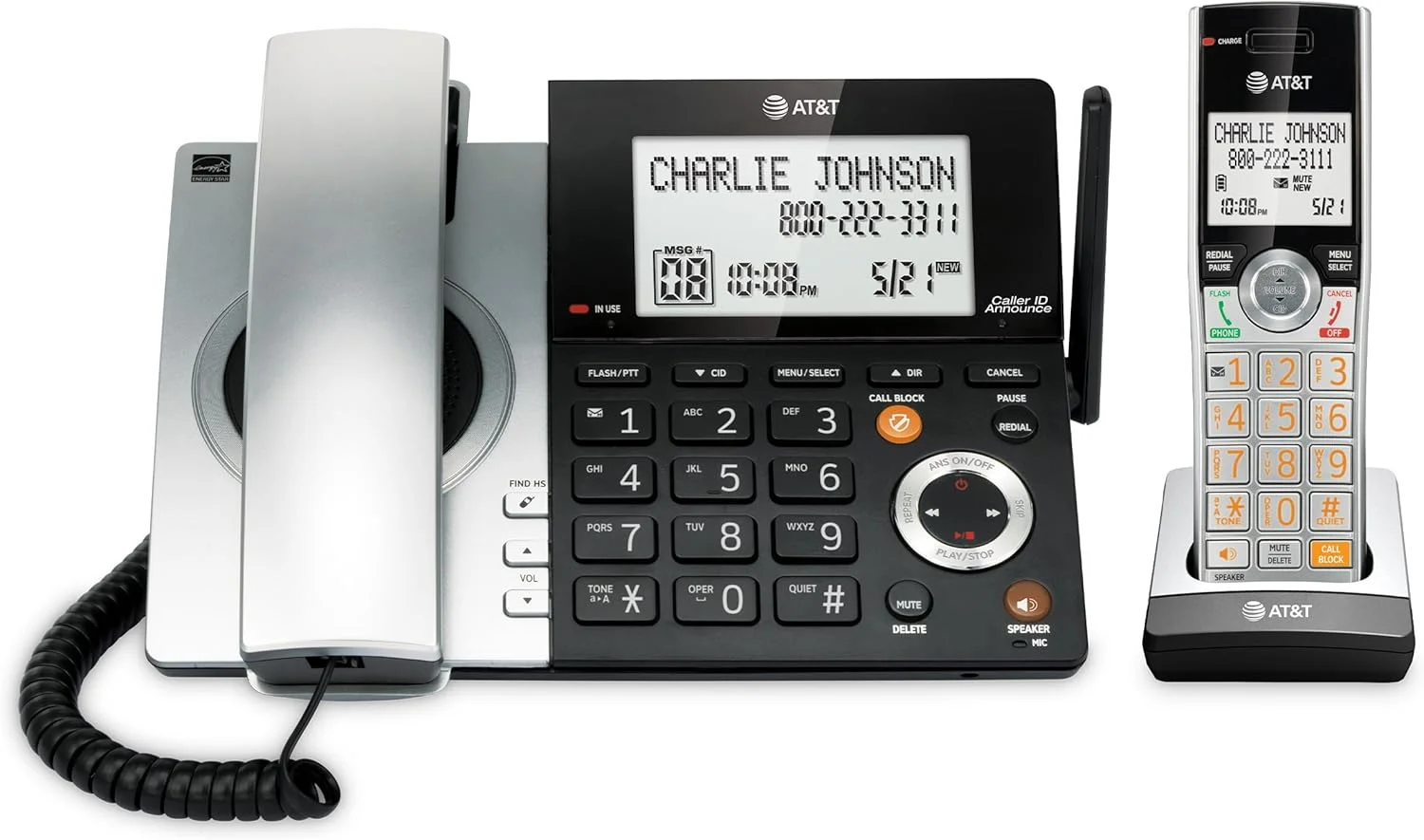 تلفن بی سیم و باسیم قابل گسترش AT&T مدل CL84107 DECT 6.0 با مسدود کننده تماس هوشمند، مشکی/نقره ای با 1 گوشی تلفن بی سیم و باسیم قابل گسترش AT&T مدل CL84107 DECT 6.0 با مسدود کننده تماس هوشمند، مشکی/نقره ای با 1 گوشی