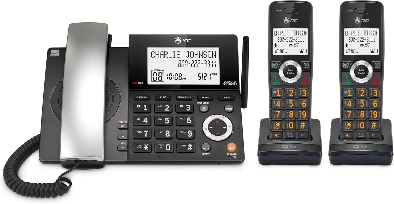 تلفن خانگی سیمی/بیسیم AT&T DECT 6.0 با 2 گوشی و منشی تلفنی، مسدود کننده تماس هوشمند، نمایشگر شناسه تماس گیرنده، صفحه نمایش بزرگ با نور پس زمینه، دکمه بزرگ، بلندگو، اینترکام: CL84218 (مشکی ذغالی) تلفن خانگی سیمی/بیسیم AT&T DECT 6.0 با 2 گوشی و منشی تلفنی، مسدود کننده تماس هوشمند، نمایشگر شناسه تماس گیرنده، صفحه نمایش بزرگ با نور پس زمینه، دکمه بزرگ، بلندگو، اینترکام: CL84218 (مشکی ذغالی)