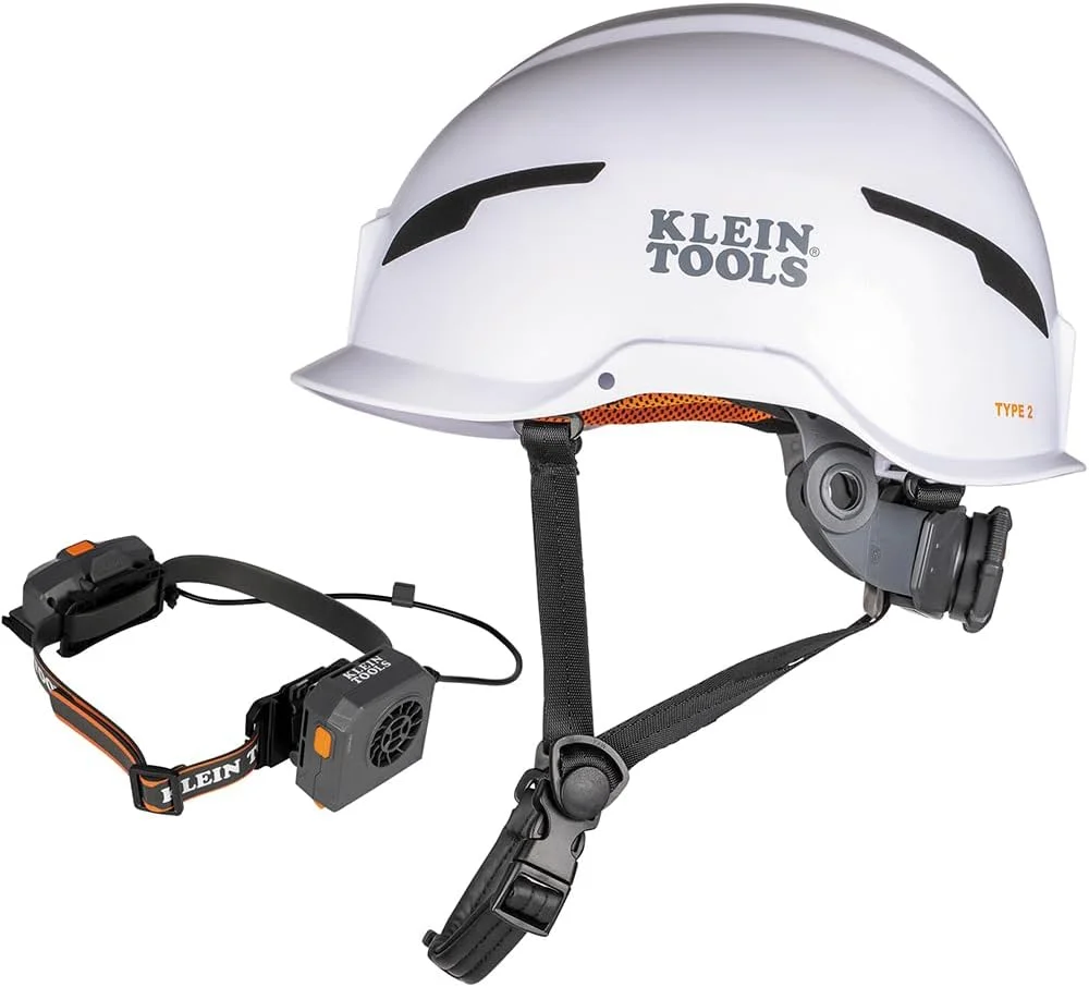 مجموعه کلاه ایمنی کلاین تولز 80173، کلاه ایمنی غیر تهویه کلاس E نوع 2، فن توربو خنک کننده قابل حمل شارژی با باتری لیتیوم یونی، 3 تکه مجموعه کلاه ایمنی کلاین تولز 80173، کلاه ایمنی غیر تهویه کلاس E نوع 2، فن توربو خنک کننده قابل حمل شارژی با باتری لیتیوم یونی، 3 تکه