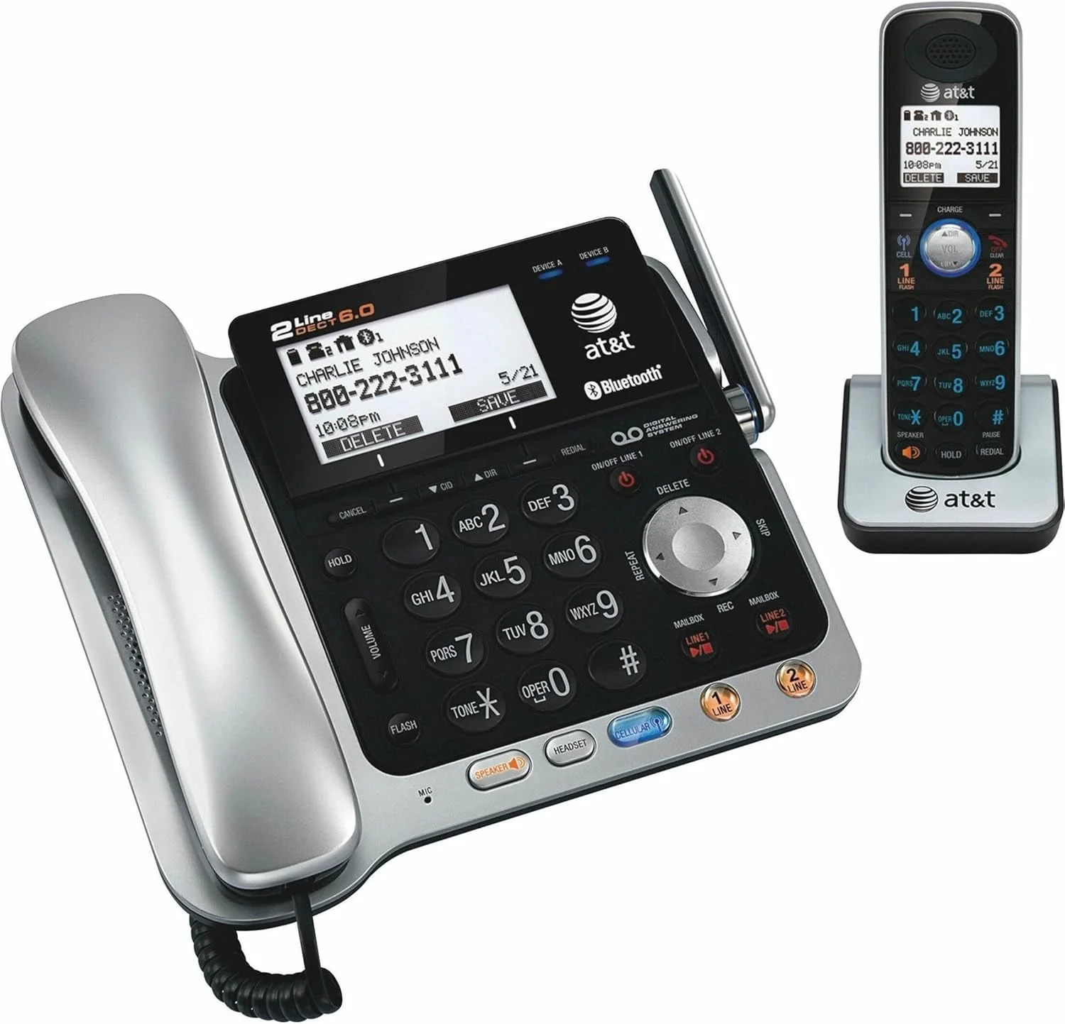 تلفن بی سیم و باسیم دو خطه قابل ارتقا AT&T TL86109 DECT 6.0 با قابلیت اتصال بلوتوث به تلفن همراه، سیستم پاسخگویی و بلندگوی پایه، 1 گوشی باسیم و 1 گوشی بی سیم، نقره ای/مشکی تلفن بی سیم و باسیم دو خطه قابل ارتقا AT&T TL86109 DECT 6.0 با قابلیت اتصال بلوتوث به تلفن همراه، سیستم پاسخگویی و بلندگوی پایه، 1 گوشی باسیم و 1 گوشی بی سیم، نقره ای/مشکی
