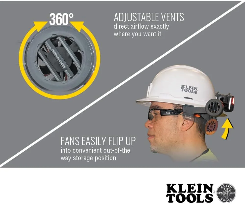 فن خنک کننده دوگانه کلاه ایمنی کلاین تولز 60523، سبک وزن، فن قابل شارژ USB-C، خنک کننده سر، گردن و صورت فن خنک کننده دوگانه کلاه ایمنی کلاین تولز 60523، سبک وزن، فن قابل شارژ USB-C، خنک کننده سر، گردن و صورت