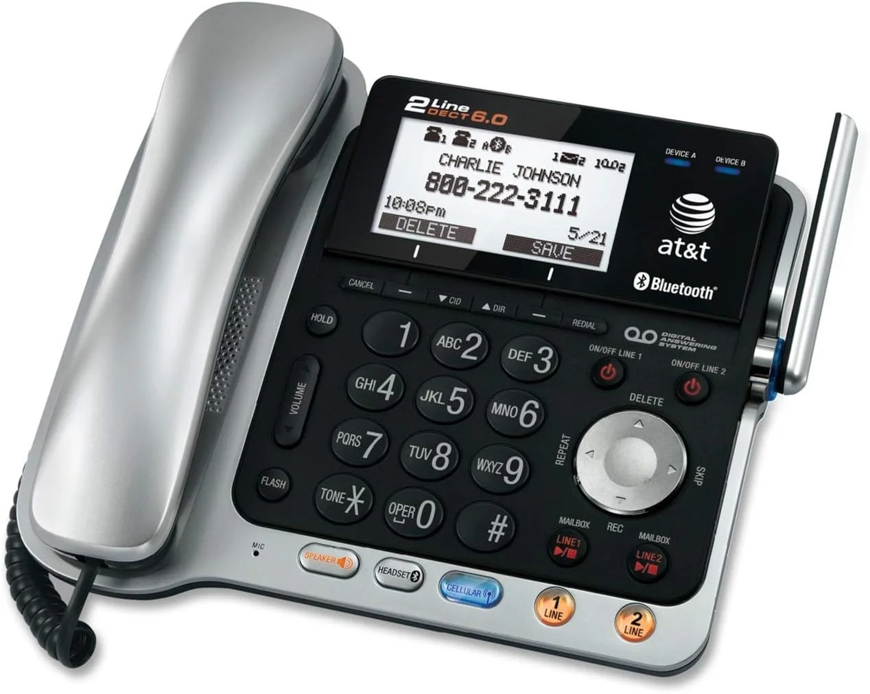 تلفن بی سیم و باسیم دو خطه قابل ارتقا AT&T TL86109 DECT 6.0 با قابلیت اتصال بلوتوث به تلفن همراه، سیستم پاسخگویی و بلندگوی پایه، 1 گوشی باسیم و 1 گوشی بی سیم، نقره ای/مشکی تلفن بی سیم و باسیم دو خطه قابل ارتقا AT&T TL86109 DECT 6.0 با قابلیت اتصال بلوتوث به تلفن همراه، سیستم پاسخگویی و بلندگوی پایه، 1 گوشی باسیم و 1 گوشی بی سیم، نقره ای/مشکی