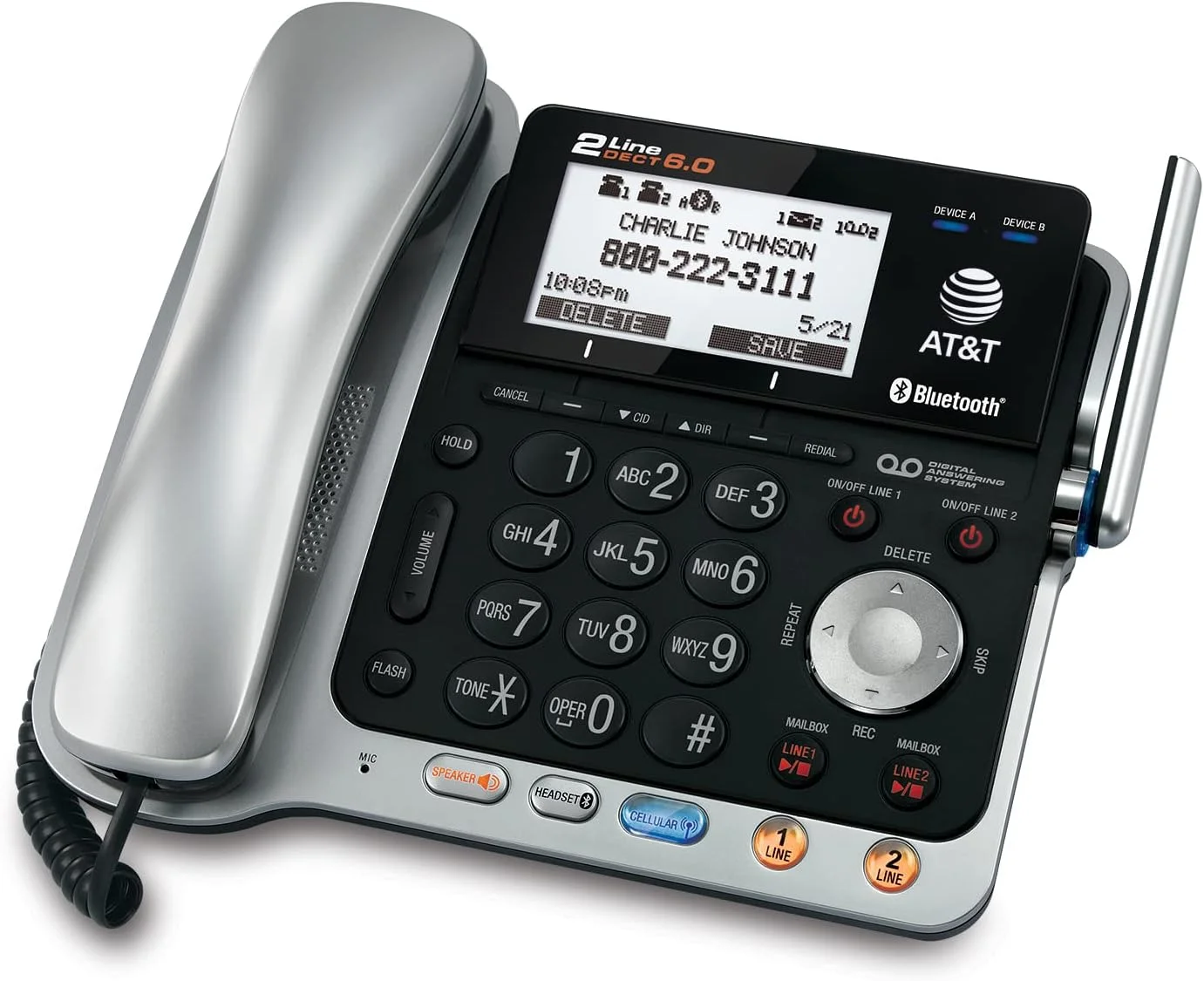 تلفن بی سیم و باسیم دو خطه قابل ارتقا AT&T TL86109 DECT 6.0 با قابلیت اتصال بلوتوث به تلفن همراه، سیستم پاسخگویی و بلندگوی پایه، 1 گوشی باسیم و 1 گوشی بی سیم، نقره ای/مشکی تلفن بی سیم و باسیم دو خطه قابل ارتقا AT&T TL86109 DECT 6.0 با قابلیت اتصال بلوتوث به تلفن همراه، سیستم پاسخگویی و بلندگوی پایه، 1 گوشی باسیم و 1 گوشی بی سیم، نقره ای/مشکی