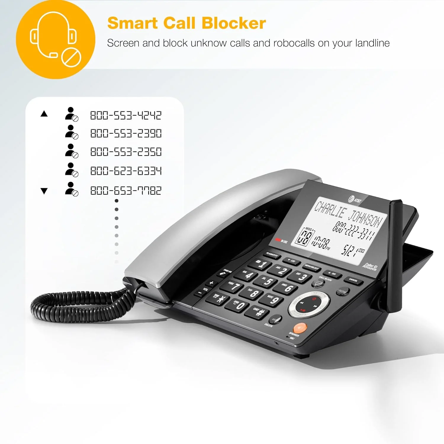 تلفن خانگی سیمی/بیسیم AT&T DECT 6.0 با 2 گوشی و منشی تلفنی، مسدود کننده تماس هوشمند، نمایشگر شناسه تماس گیرنده، صفحه نمایش بزرگ با نور پس زمینه، دکمه بزرگ، بلندگو، اینترکام: CL84218 (مشکی ذغالی) تلفن خانگی سیمی/بیسیم AT&T DECT 6.0 با 2 گوشی و منشی تلفنی، مسدود کننده تماس هوشمند، نمایشگر شناسه تماس گیرنده، صفحه نمایش بزرگ با نور پس زمینه، دکمه بزرگ، بلندگو، اینترکام: CL84218 (مشکی ذغالی)