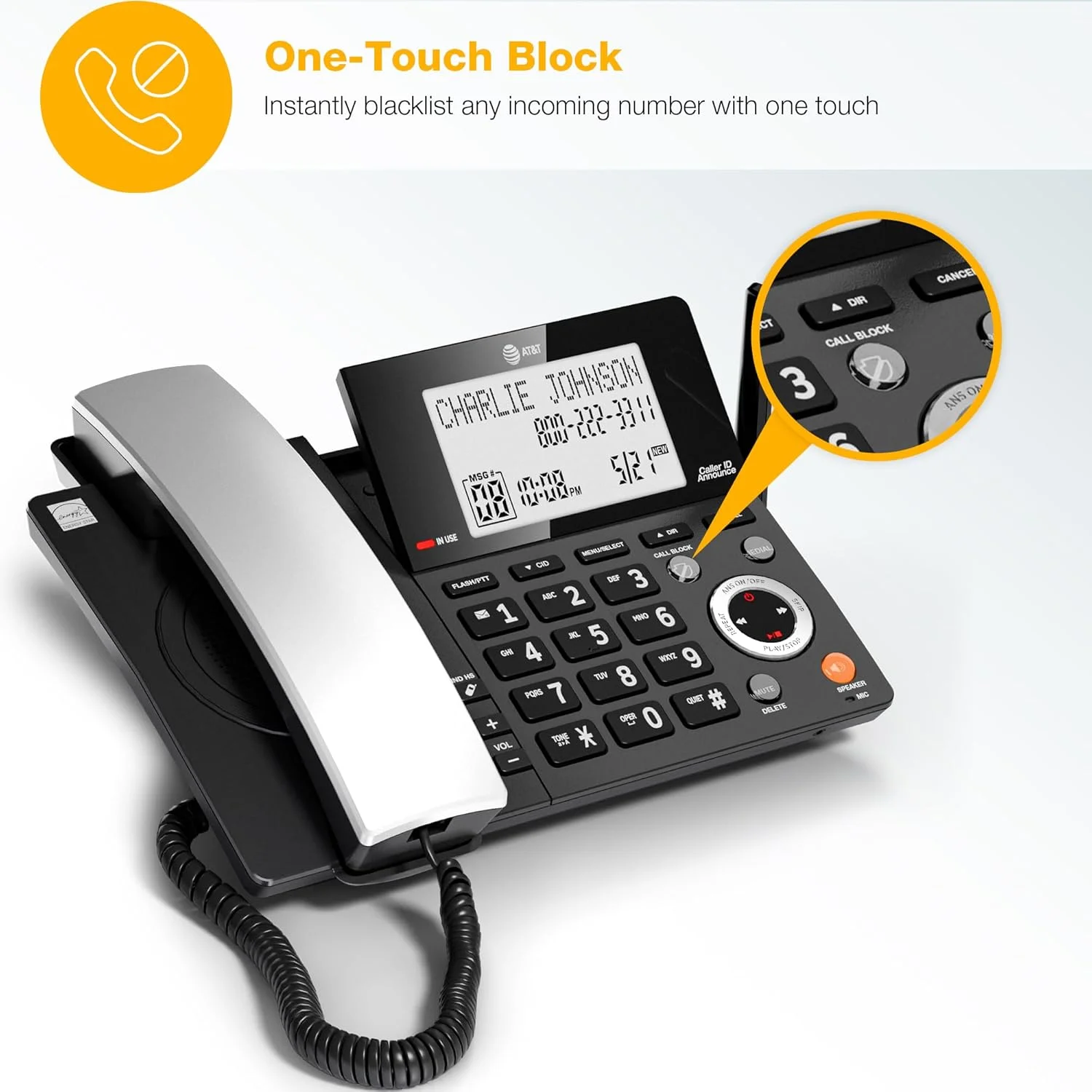 تلفن خانگی سیمی/بیسیم AT&T DECT 6.0 با 2 گوشی و منشی تلفنی، مسدود کننده تماس هوشمند، نمایشگر شناسه تماس گیرنده، صفحه نمایش بزرگ با نور پس زمینه، دکمه بزرگ، بلندگو، اینترکام: CL84218 (مشکی ذغالی) تلفن خانگی سیمی/بیسیم AT&T DECT 6.0 با 2 گوشی و منشی تلفنی، مسدود کننده تماس هوشمند، نمایشگر شناسه تماس گیرنده، صفحه نمایش بزرگ با نور پس زمینه، دکمه بزرگ، بلندگو، اینترکام: CL84218 (مشکی ذغالی)