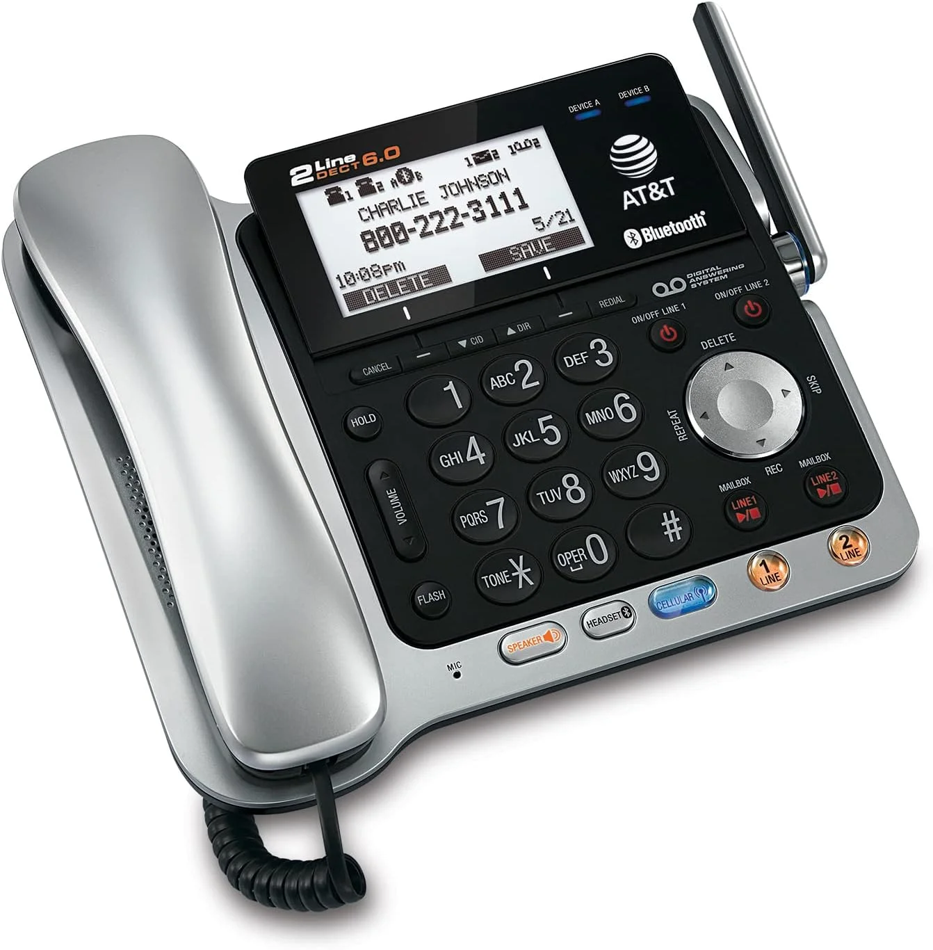 تلفن بی سیم و باسیم دو خطه قابل ارتقا AT&T TL86109 DECT 6.0 با قابلیت اتصال بلوتوث به تلفن همراه، سیستم پاسخگویی و بلندگوی پایه، 1 گوشی باسیم و 1 گوشی بی سیم، نقره ای/مشکی تلفن بی سیم و باسیم دو خطه قابل ارتقا AT&T TL86109 DECT 6.0 با قابلیت اتصال بلوتوث به تلفن همراه، سیستم پاسخگویی و بلندگوی پایه، 1 گوشی باسیم و 1 گوشی بی سیم، نقره ای/مشکی