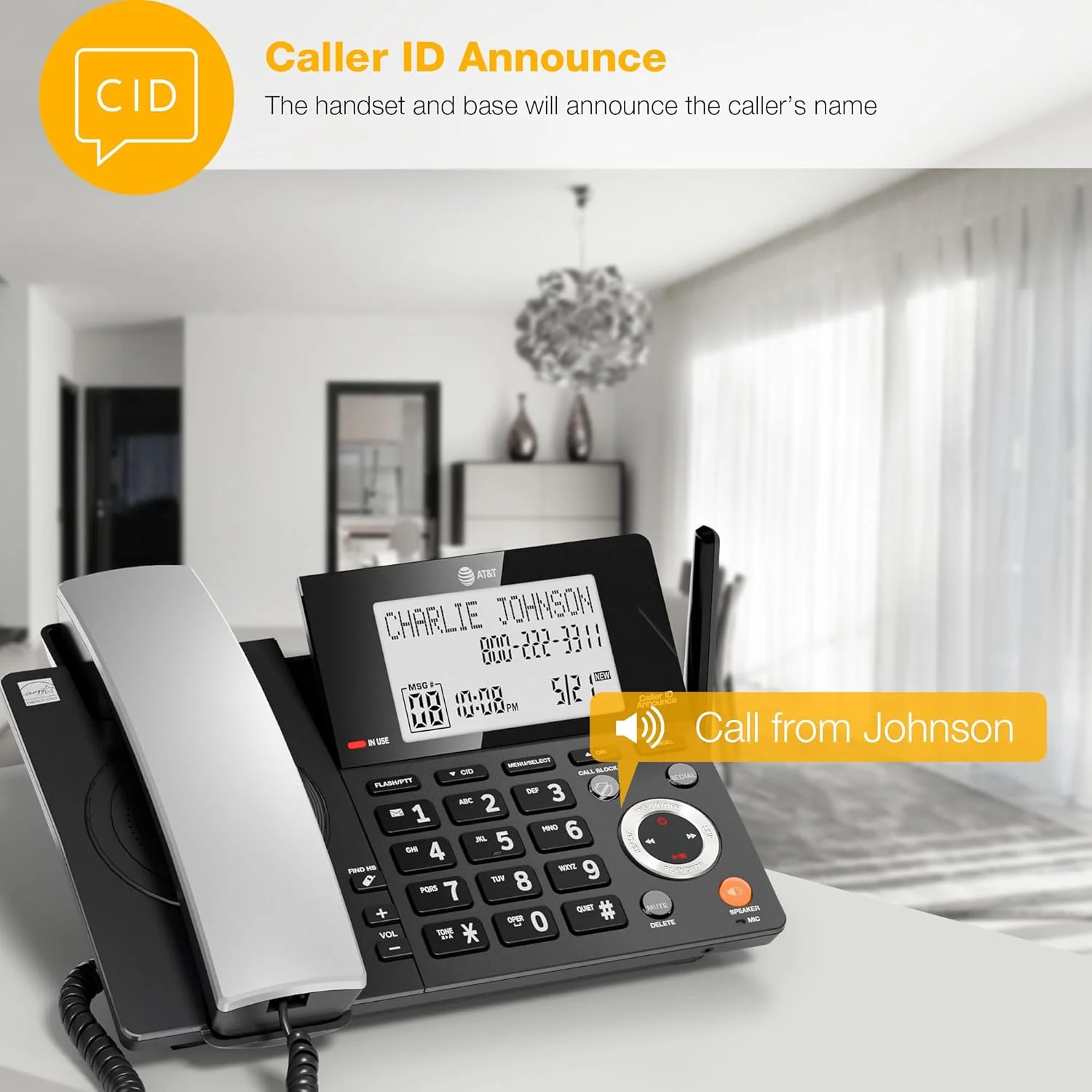 تلفن خانگی سیمی/بیسیم AT&T DECT 6.0 با 2 گوشی و منشی تلفنی، مسدود کننده تماس هوشمند، نمایشگر شناسه تماس گیرنده، صفحه نمایش بزرگ با نور پس زمینه، دکمه بزرگ، بلندگو، اینترکام: CL84218 (مشکی ذغالی) تلفن خانگی سیمی/بیسیم AT&T DECT 6.0 با 2 گوشی و منشی تلفنی، مسدود کننده تماس هوشمند، نمایشگر شناسه تماس گیرنده، صفحه نمایش بزرگ با نور پس زمینه، دکمه بزرگ، بلندگو، اینترکام: CL84218 (مشکی ذغالی)