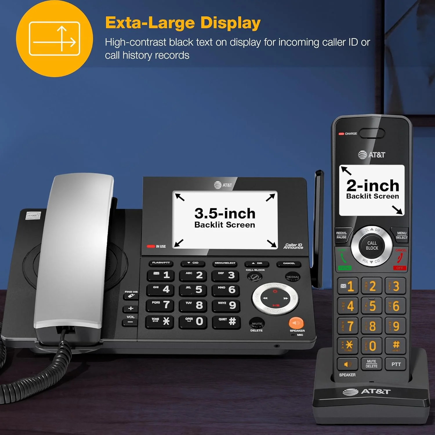 تلفن خانگی سیمی/بیسیم AT&T DECT 6.0 با 2 گوشی و منشی تلفنی، مسدود کننده تماس هوشمند، نمایشگر شناسه تماس گیرنده، صفحه نمایش بزرگ با نور پس زمینه، دکمه بزرگ، بلندگو، اینترکام: CL84218 (مشکی ذغالی) تلفن خانگی سیمی/بیسیم AT&T DECT 6.0 با 2 گوشی و منشی تلفنی، مسدود کننده تماس هوشمند، نمایشگر شناسه تماس گیرنده، صفحه نمایش بزرگ با نور پس زمینه، دکمه بزرگ، بلندگو، اینترکام: CL84218 (مشکی ذغالی)