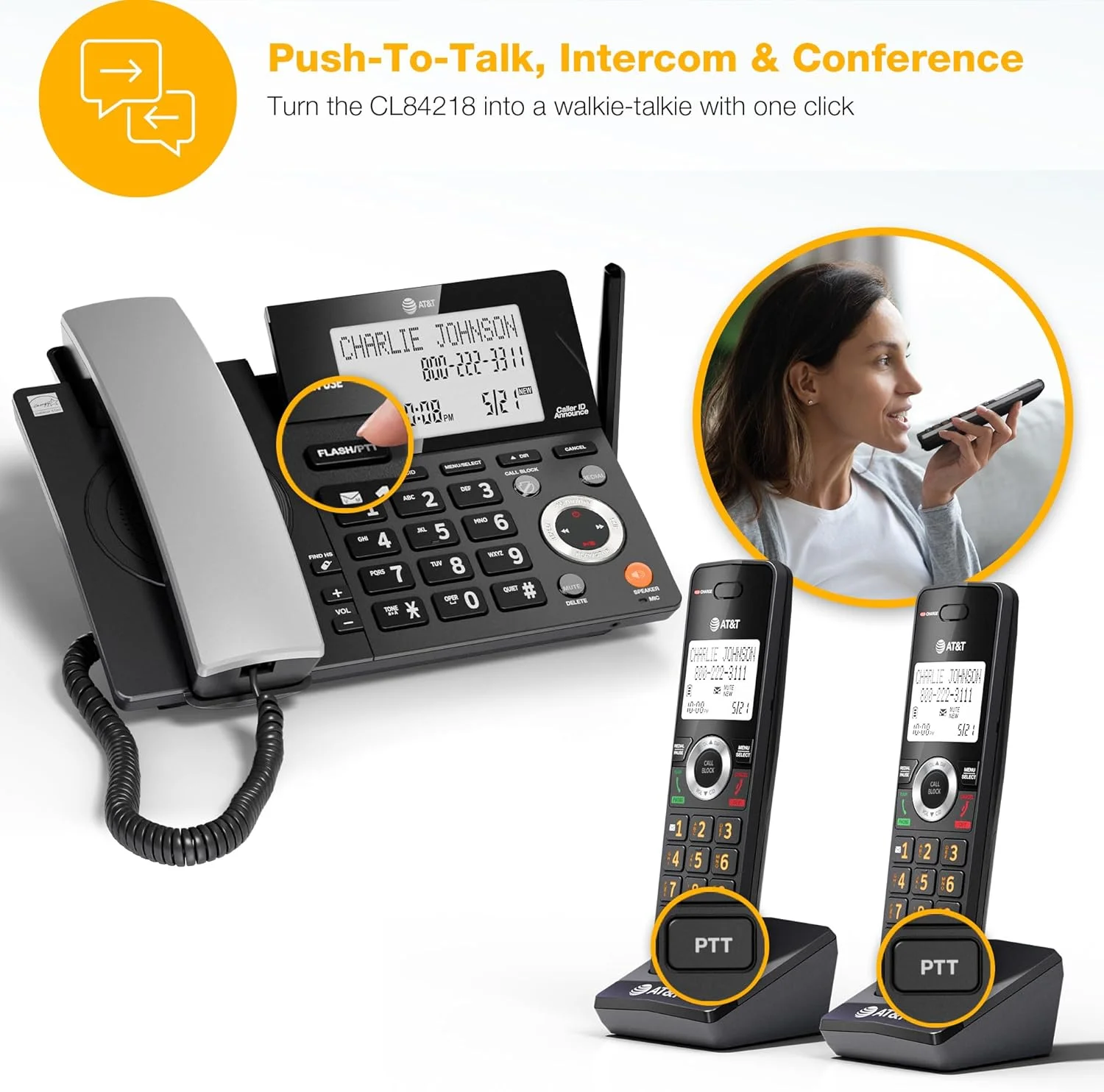 تلفن خانگی سیمی/بیسیم AT&T DECT 6.0 با 2 گوشی و منشی تلفنی، مسدود کننده تماس هوشمند، نمایشگر شناسه تماس گیرنده، صفحه نمایش بزرگ با نور پس زمینه، دکمه بزرگ، بلندگو، اینترکام: CL84218 (مشکی ذغالی) تلفن خانگی سیمی/بیسیم AT&T DECT 6.0 با 2 گوشی و منشی تلفنی، مسدود کننده تماس هوشمند، نمایشگر شناسه تماس گیرنده، صفحه نمایش بزرگ با نور پس زمینه، دکمه بزرگ، بلندگو، اینترکام: CL84218 (مشکی ذغالی)