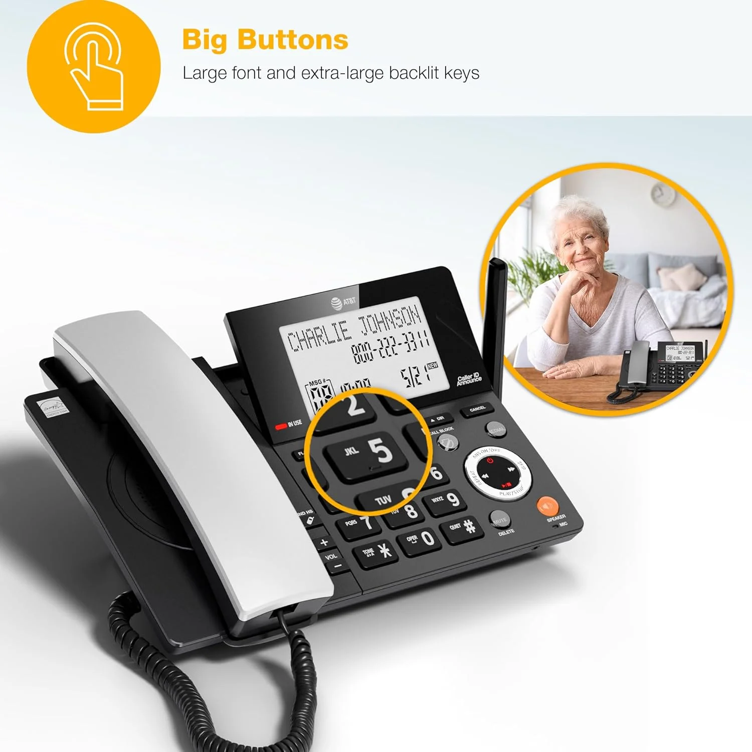 تلفن خانگی سیمی/بیسیم AT&T DECT 6.0 با 2 گوشی و منشی تلفنی، مسدود کننده تماس هوشمند، نمایشگر شناسه تماس گیرنده، صفحه نمایش بزرگ با نور پس زمینه، دکمه بزرگ، بلندگو، اینترکام: CL84218 (مشکی ذغالی) تلفن خانگی سیمی/بیسیم AT&T DECT 6.0 با 2 گوشی و منشی تلفنی، مسدود کننده تماس هوشمند، نمایشگر شناسه تماس گیرنده، صفحه نمایش بزرگ با نور پس زمینه، دکمه بزرگ، بلندگو، اینترکام: CL84218 (مشکی ذغالی)