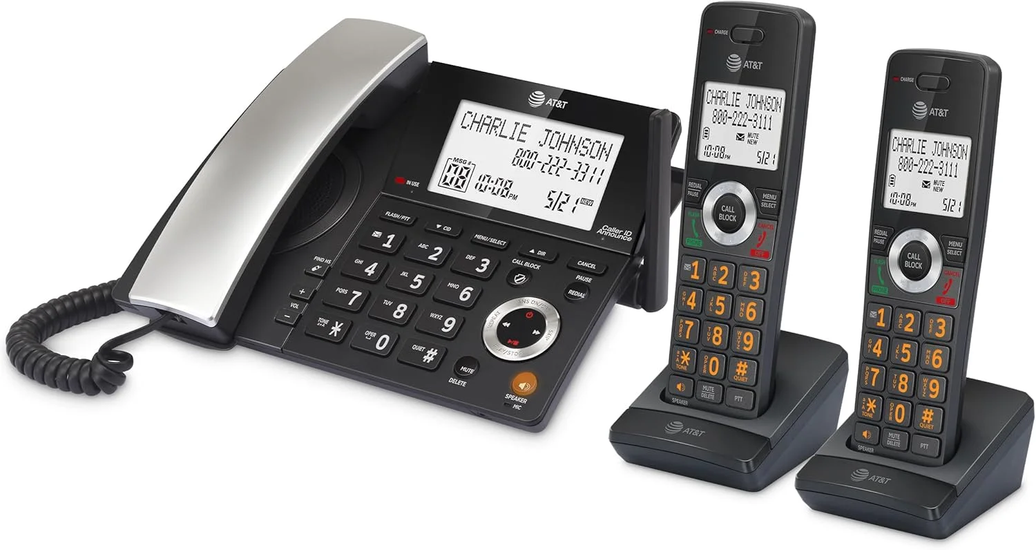 تلفن خانگی سیمی/بیسیم AT&T DECT 6.0 با 2 گوشی و منشی تلفنی، مسدود کننده تماس هوشمند، نمایشگر شناسه تماس گیرنده، صفحه نمایش بزرگ با نور پس زمینه، دکمه بزرگ، بلندگو، اینترکام: CL84218 (مشکی ذغالی) تلفن خانگی سیمی/بیسیم AT&T DECT 6.0 با 2 گوشی و منشی تلفنی، مسدود کننده تماس هوشمند، نمایشگر شناسه تماس گیرنده، صفحه نمایش بزرگ با نور پس زمینه، دکمه بزرگ، بلندگو، اینترکام: CL84218 (مشکی ذغالی)