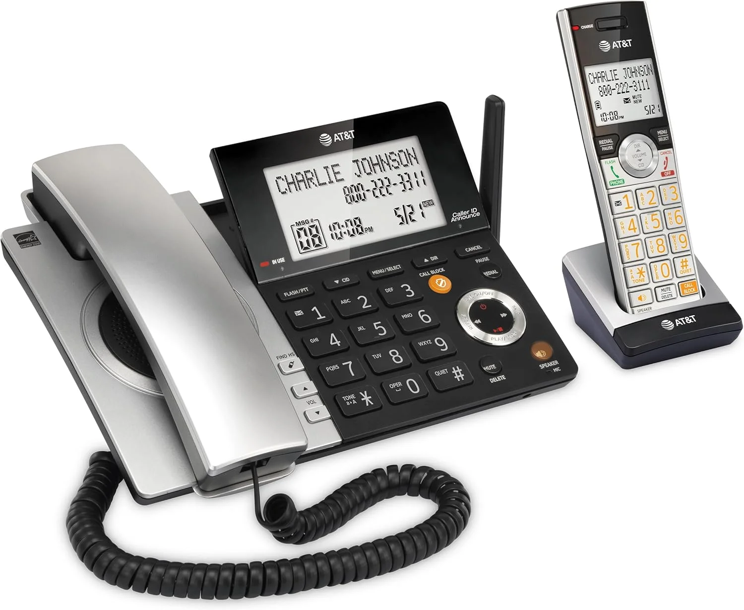 تلفن بی سیم و باسیم قابل گسترش AT&T مدل CL84107 DECT 6.0 با مسدود کننده تماس هوشمند، مشکی/نقره ای با 1 گوشی تلفن بی سیم و باسیم قابل گسترش AT&T مدل CL84107 DECT 6.0 با مسدود کننده تماس هوشمند، مشکی/نقره ای با 1 گوشی