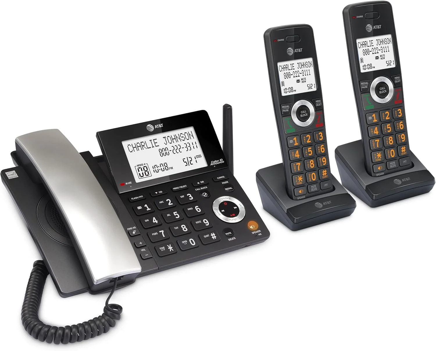 تلفن خانگی سیمی/بیسیم AT&T DECT 6.0 با 2 گوشی و منشی تلفنی، مسدود کننده تماس هوشمند، نمایشگر شناسه تماس گیرنده، صفحه نمایش بزرگ با نور پس زمینه، دکمه بزرگ، بلندگو، اینترکام: CL84218 (مشکی ذغالی) تلفن خانگی سیمی/بیسیم AT&T DECT 6.0 با 2 گوشی و منشی تلفنی، مسدود کننده تماس هوشمند، نمایشگر شناسه تماس گیرنده، صفحه نمایش بزرگ با نور پس زمینه، دکمه بزرگ، بلندگو، اینترکام: CL84218 (مشکی ذغالی)