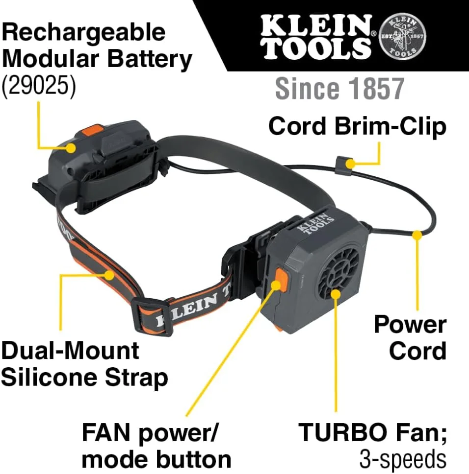 فن توربو خنک کننده قابل حمل شارژی کلاه ایمنی و کلاه سخت Klein Tools 60821، فن بی صدا 3 سرعته با بند و براکت دوگانه