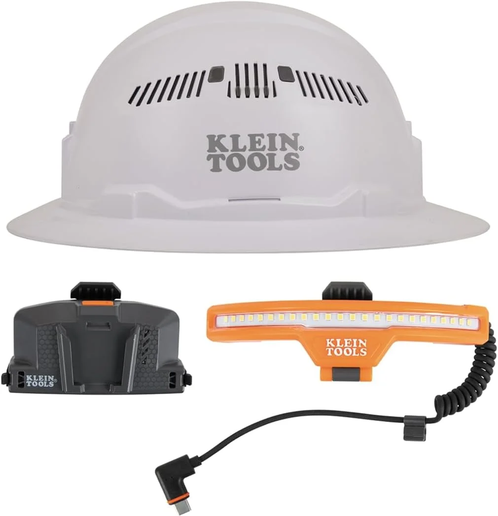 مجموعه کلاه ایمنی لبه دار کلاین تولز 80168، کلاه ایمنی سفید تهویه دار کلاس C با چراغ پیشانی عریض قابل شارژ و باتری لیتیوم یونی، 3 تکه