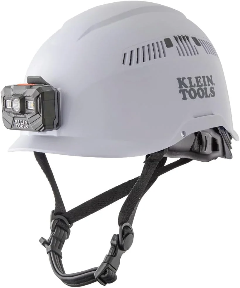 کلاه ایمنی کلاین تولز (KLEBE) مدل 60150، کلاه سخت سفید تهویه دار با چراغ پیشانی قابل شارژ، مطابق با استانداردهای ایمنی کلاه سخت صنعتی