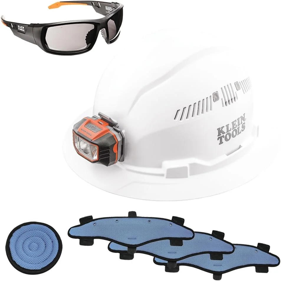کیت کلاه ایمنی و لوازم جانبی Klein Tools 80084، کلاه ایمنی لبه دار تهویه دار، چراغ پیشانی، نوار عرق گیر، پد بالایی و عینک ایمنی دودی، 5 تکه