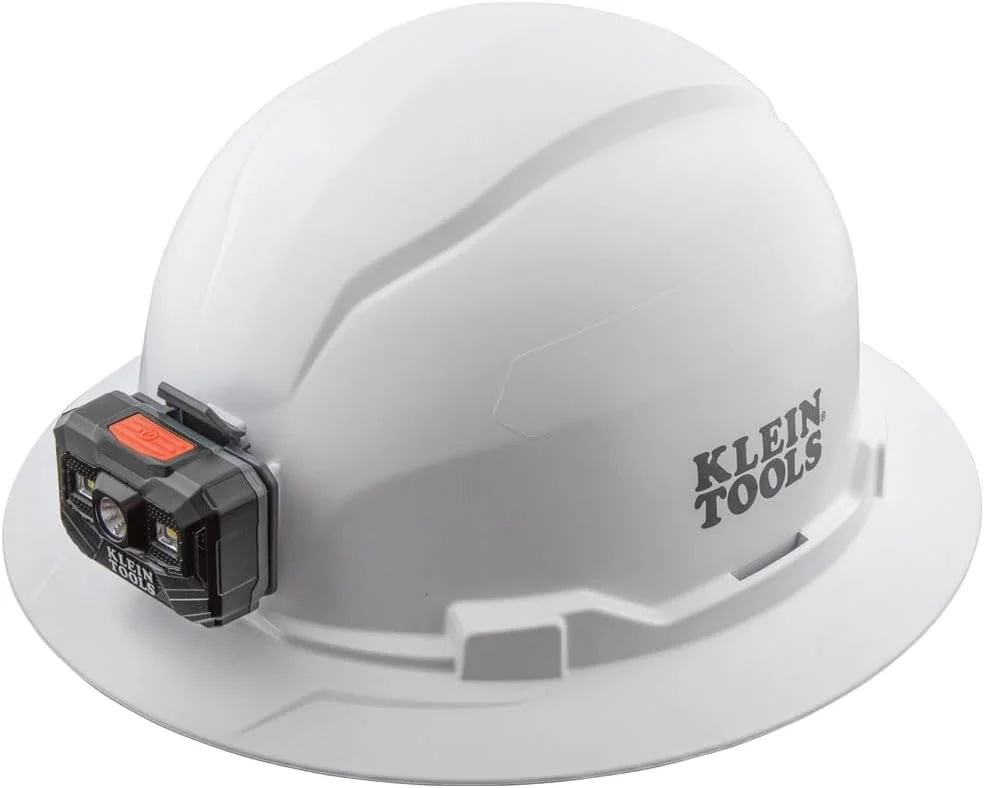 کلاه ایمنی کلاین تولز 60406RL، چراغ پیشانی شارژی، بدون تهویه، لبه کامل، دارای پد ضد عرق با قابلیت جذب رطوبت و مقاوم در برابر بو، تست شده تا 20 کیلو ولت، سفید