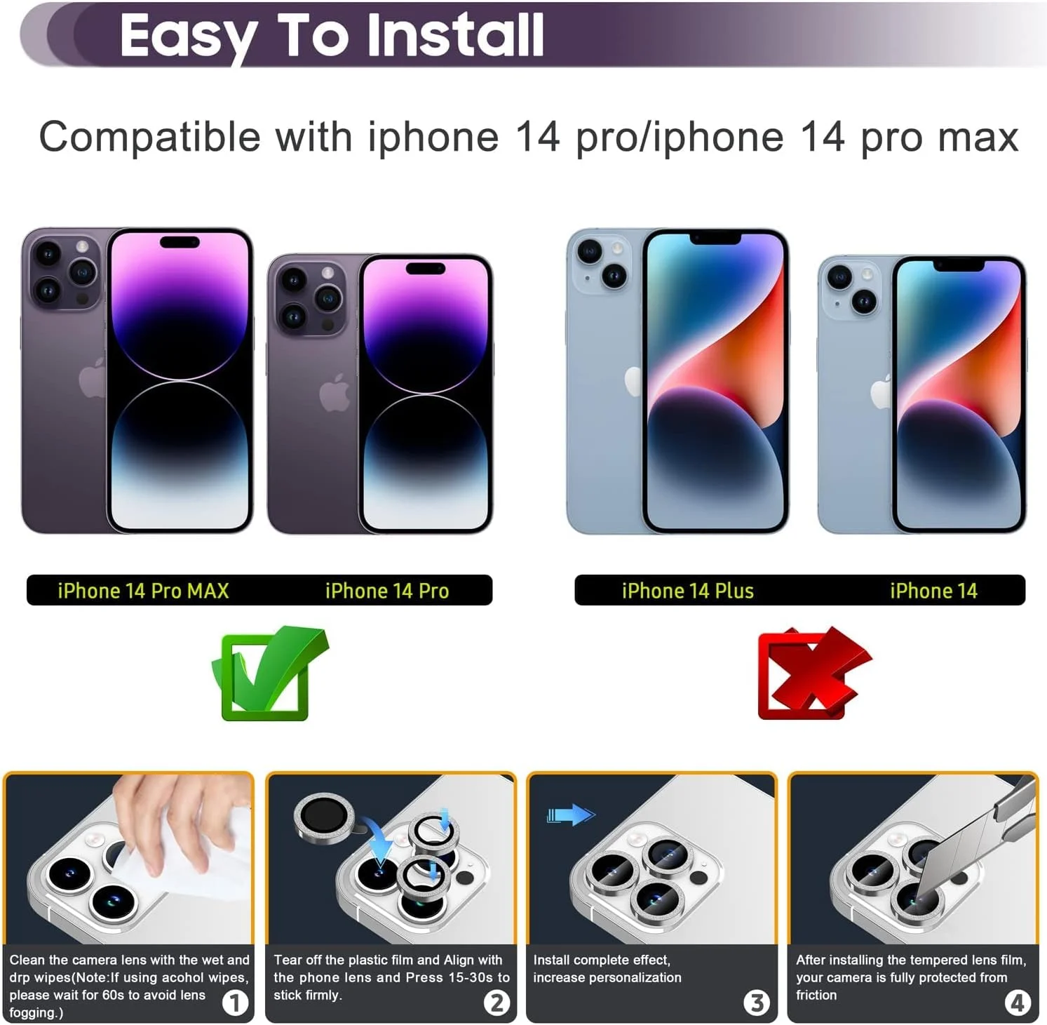 محافظ لنز دوربین KASTWAVE برای آیفون 14 پرو / 14 پرو مکس، پوشش شیشه ای تمپرد 9H، محافظ حلقه فلزی جداگانه (نقره ای)