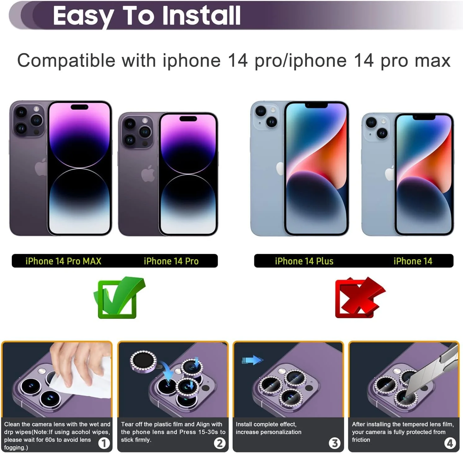 محافظ لنز دوربین KASTWAVE برای آیفون 14 پرو / 14 پرو مکس، پوشش شیشه ای تمپرد 9H، محافظ حلقه فلزی جداگانه (بنفش)