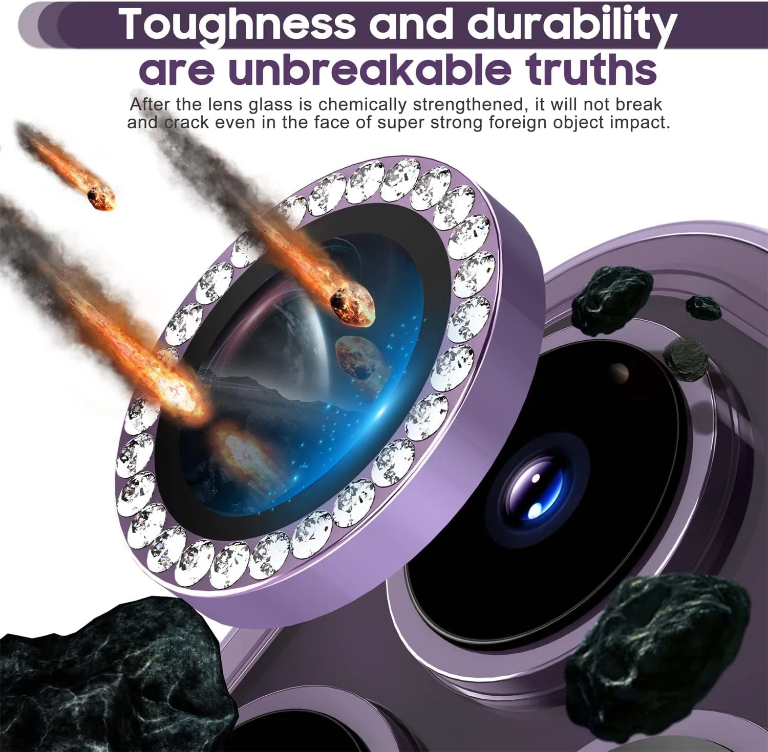 محافظ لنز دوربین KASTWAVE برای آیفون 14 پرو / 14 پرو مکس، پوشش شیشه ای تمپرد 9H، محافظ حلقه فلزی جداگانه (بنفش)