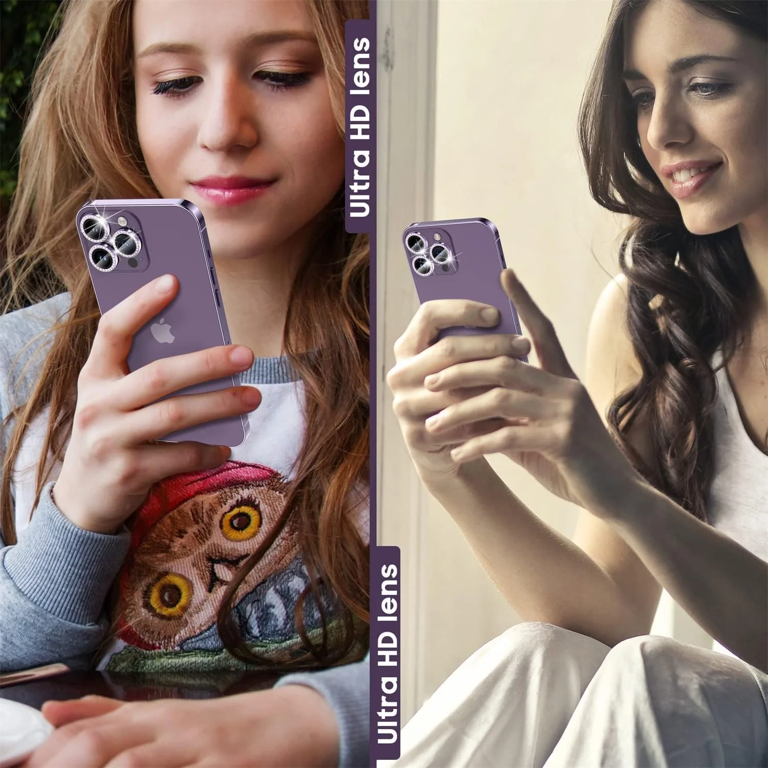 محافظ لنز دوربین شیشه ای حرارت دیده 9H پریمیوم KASTWAVE برای آیفون 14 پرو/پرو مکس - طراحی حلقه فلزی بنفش شیک برای محافظت نهایی