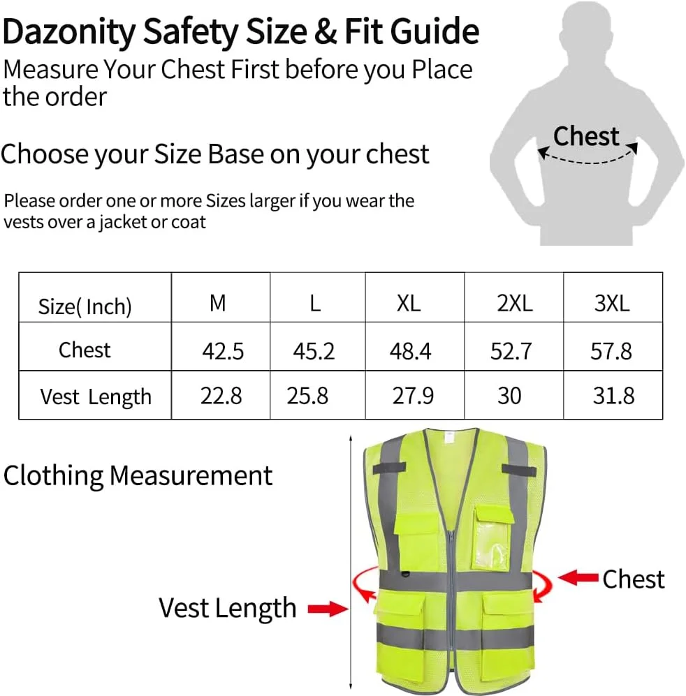 جلیقه ایمنی توری دید بالا Dazonity با جیب های متعدد و زیپ، مناسب برای مردان و زنان، کار، ساخت و ساز، نقشه برداری