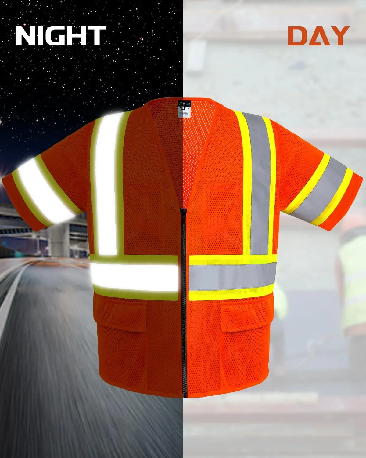 جلیقه ایمنی بازتابنده دید بالا FJDZ SAFETY با جیب، جلیقه توری سبک وزن برای مردان و زنان نارنجی/زرد