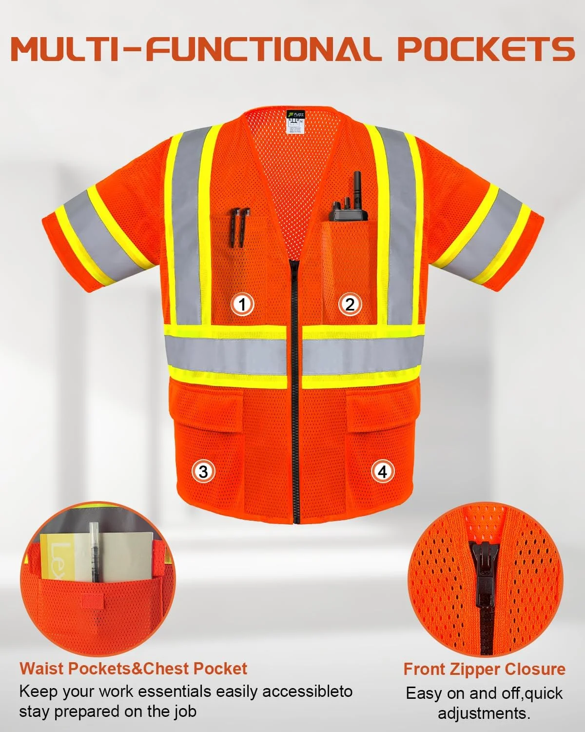 جلیقه ایمنی بازتابنده دید بالا FJDZ SAFETY با جیب، جلیقه توری سبک وزن برای مردان و زنان نارنجی/زرد