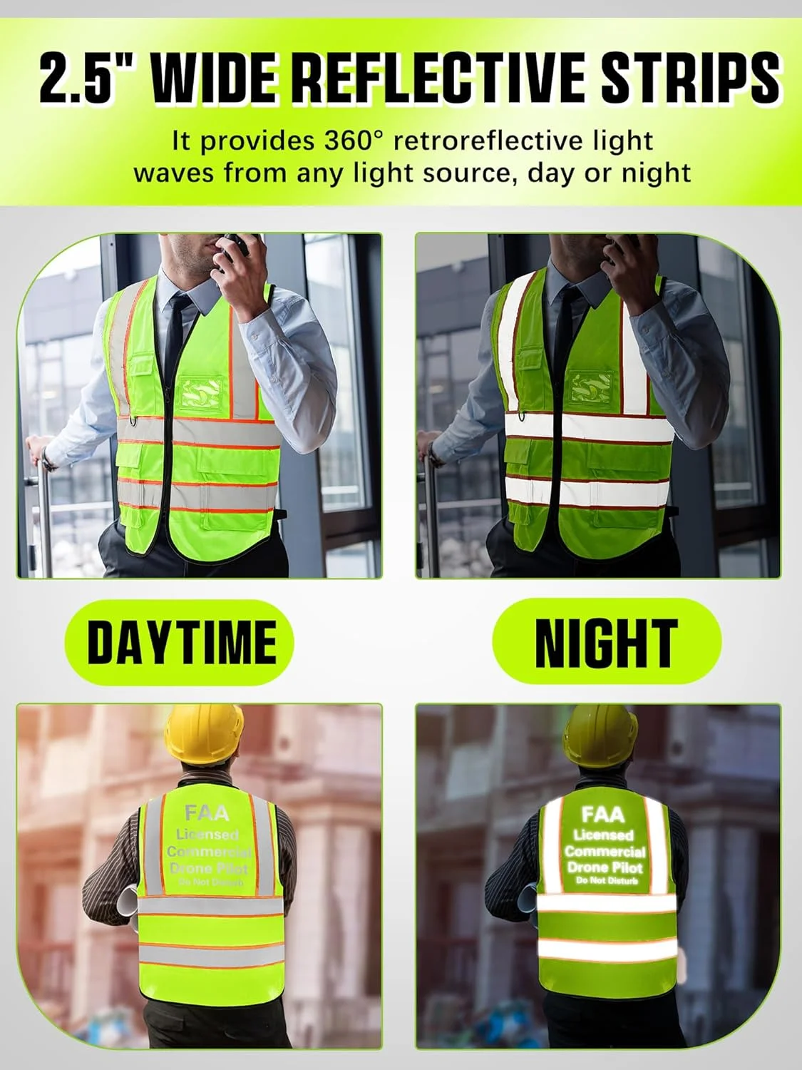 Copkim 2 عدد جلیقه دید بالا FAA با نوارهای بازتابنده، جلیقه ایمنی خلبان پهپاد زیپ دار، جلیقه پهپاد سبز فلورسنت برای مردان و زنان، سایز ایکس لارج
