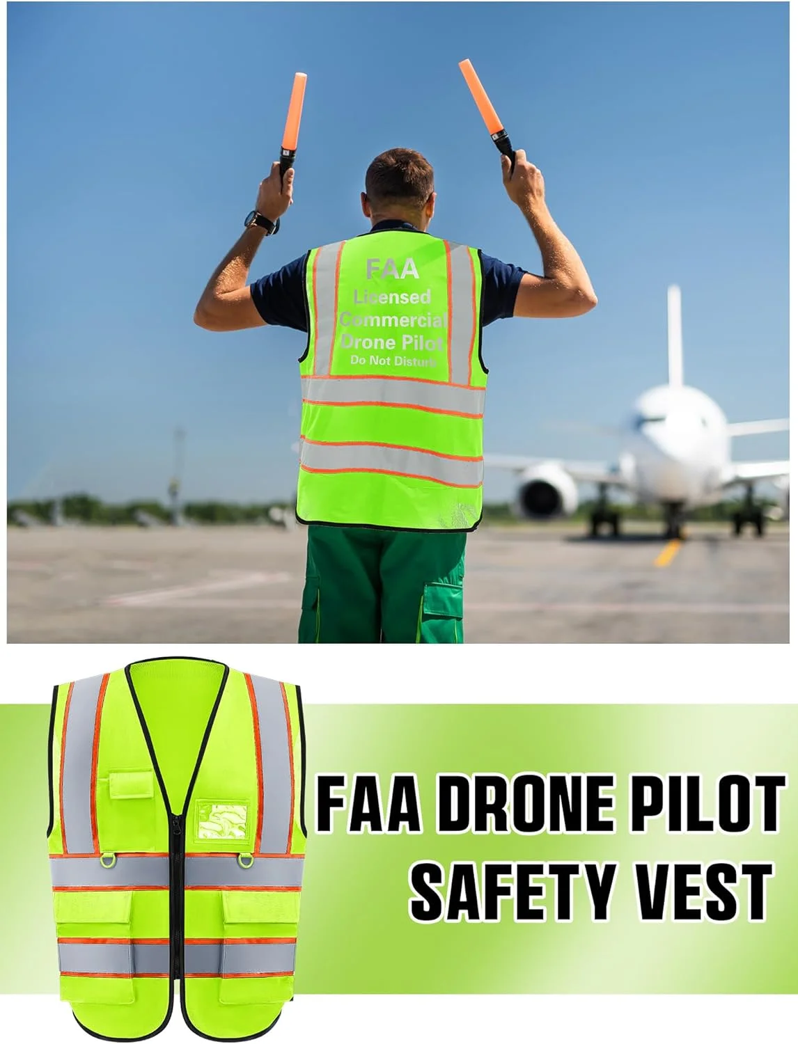 Copkim 2 عدد جلیقه دید بالا FAA با نوارهای بازتابنده، جلیقه ایمنی خلبان پهپاد زیپ دار، جلیقه پهپاد سبز فلورسنت برای مردان و زنان، سایز ایکس لارج