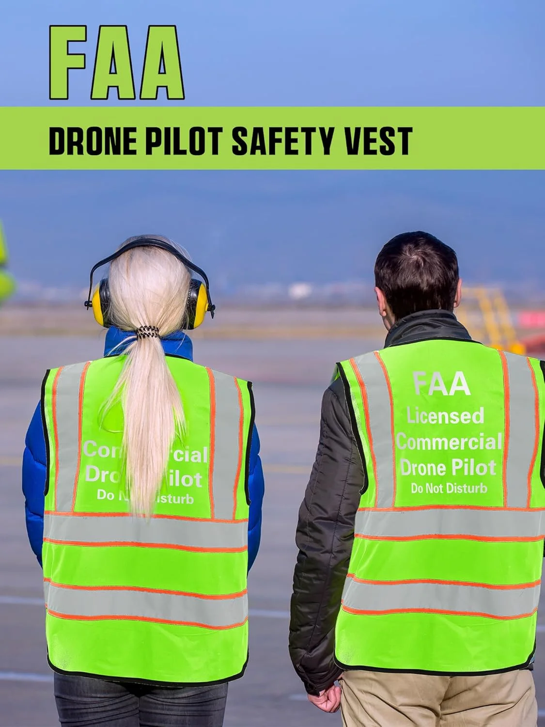 Copkim 2 عدد جلیقه دید بالا FAA با نوارهای بازتابنده، جلیقه ایمنی خلبان پهپاد زیپ دار، جلیقه پهپاد سبز فلورسنت برای مردان و زنان، سایز ایکس لارج
