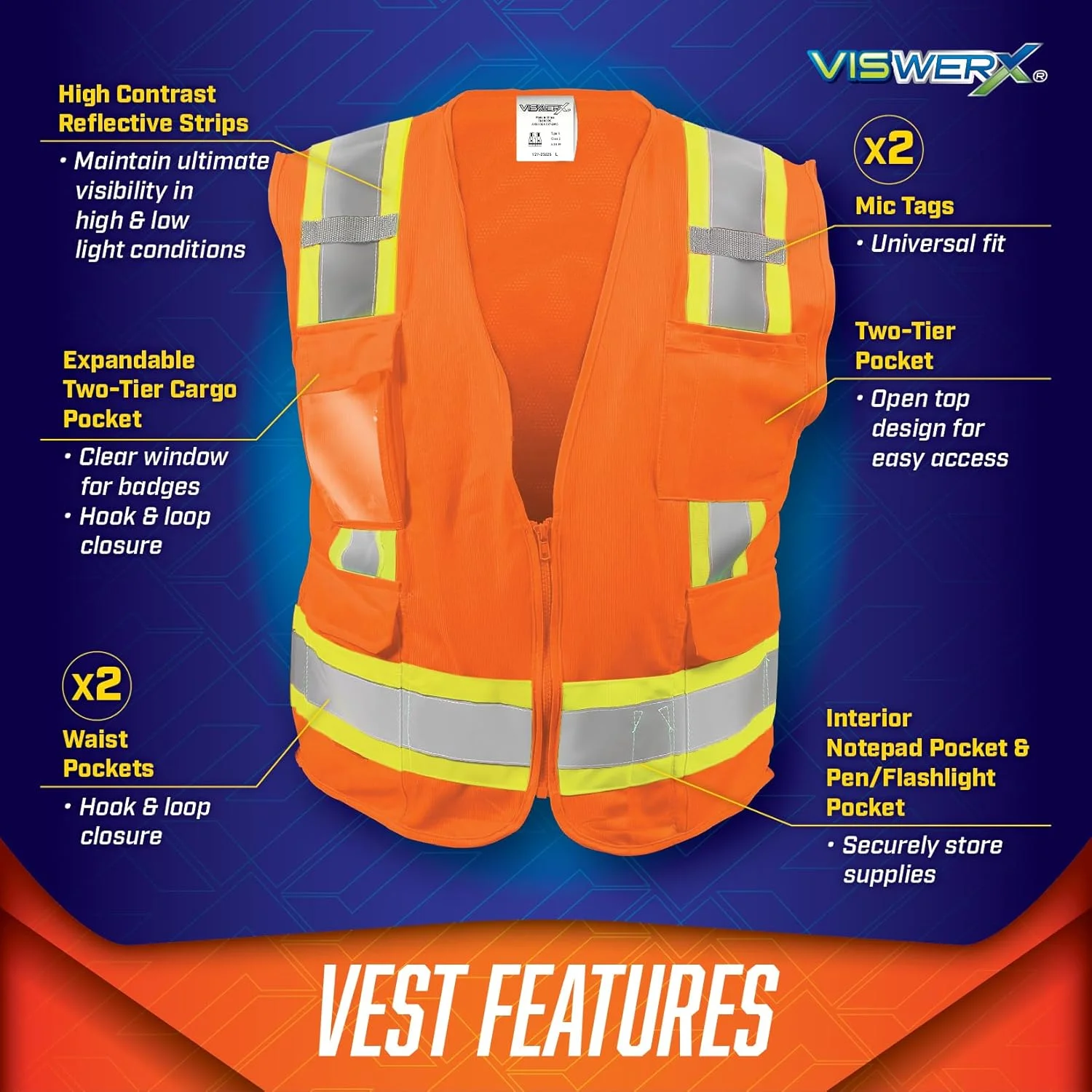 جلیقه ایمنی نارنجی VisWERX با دید بالا - ANSI CL2 - جلیقه ایمنی، جلیقه بازتابنده برای کار، ساخت و ساز و مناطق پر تردد