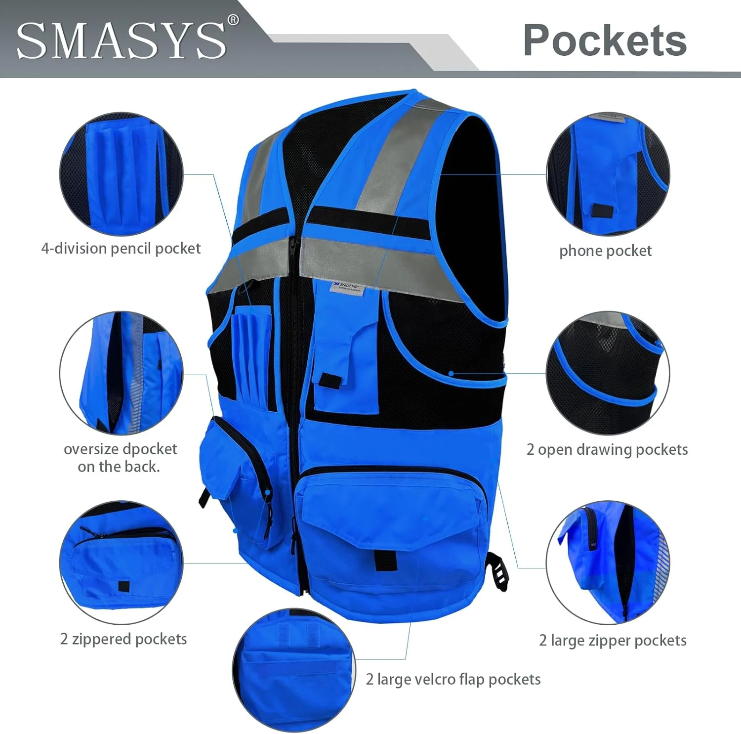 جلیقه ایمنی دید بالا SMASYS با نوار بازتابنده 3M، بافتنی و پارچه آکسفورد با جیب، لباس کار ساختمانی چند منظوره