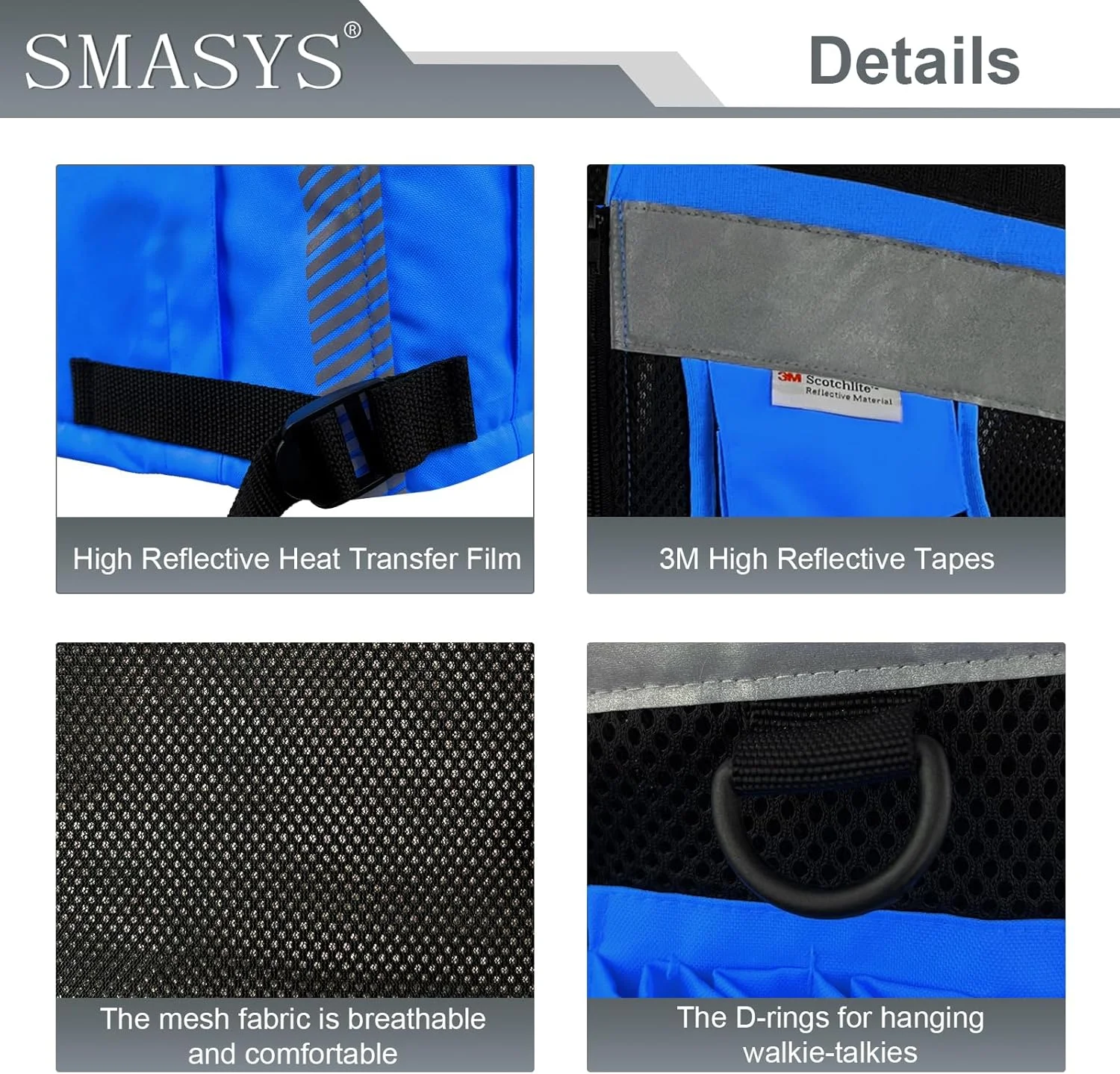 جلیقه ایمنی دید بالا SMASYS با نوار بازتابنده 3M، بافتنی و پارچه آکسفورد با جیب، لباس کار ساختمانی چند منظوره